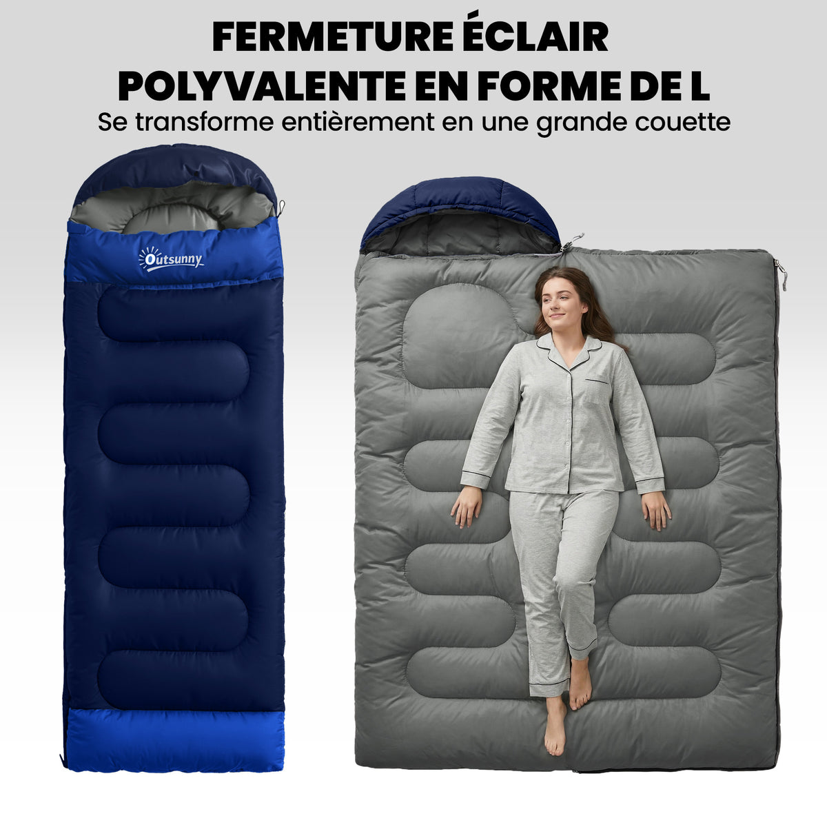 Sac de Couchage Adulte, avec Section Tête, Fermeture Éclair et Sac de Rangement, 300 g/m², 215x75x10cm, Bleu Marine-4