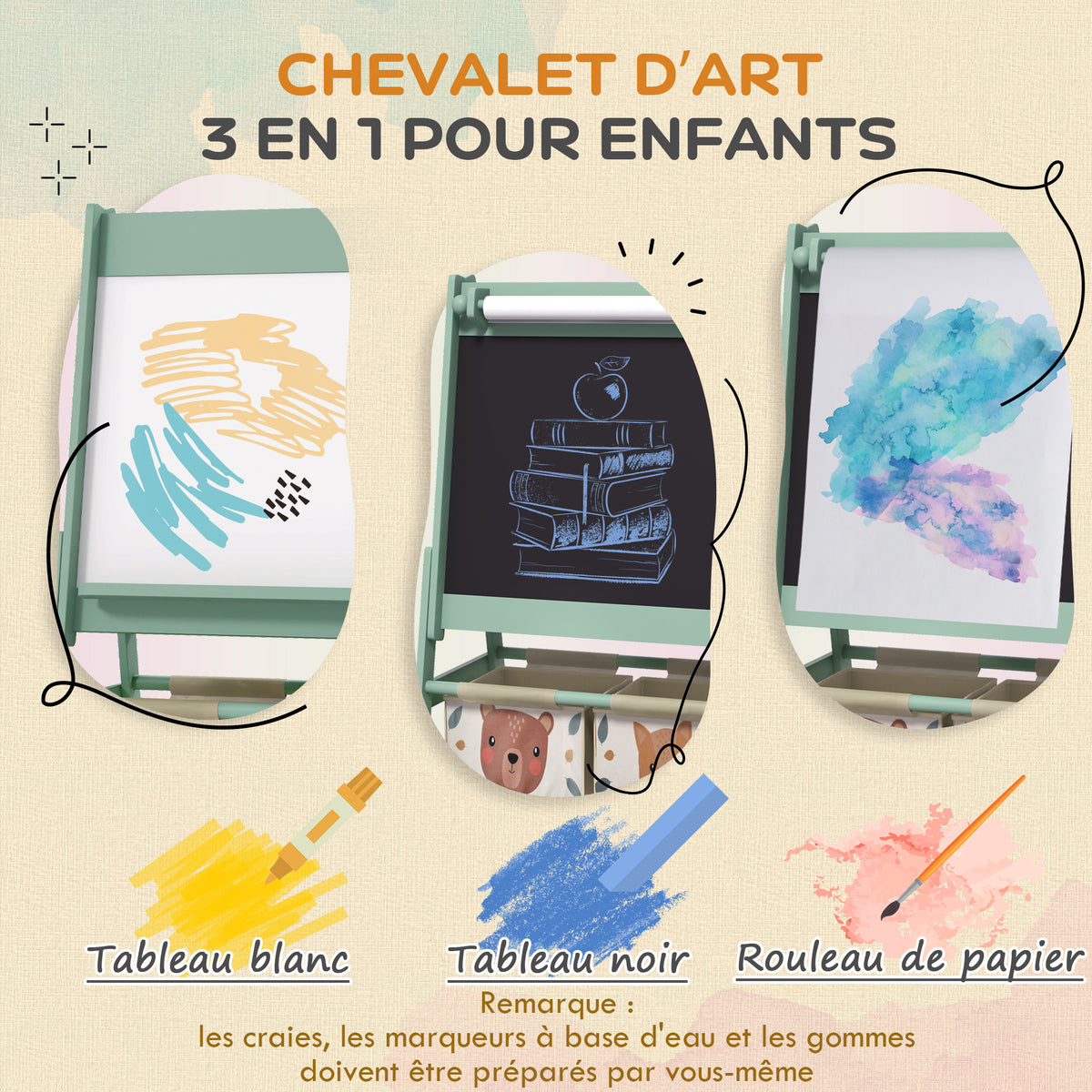 Tableau chevalet enfant ardoise double face tableau à craie rouleau papier 2 paniers 54 x 46,5 x 93 cm vert-3
