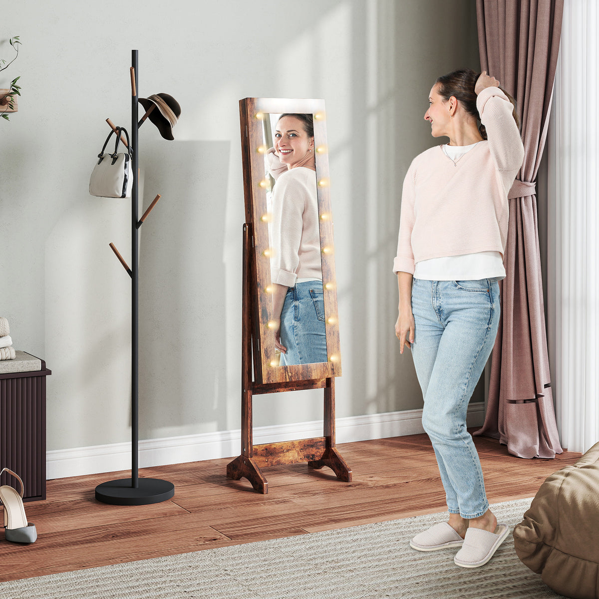Armoire à bijoux armoire de rangement sur pieds boîte à bijoux avec miroir multi-rangements éclairage LED brun rustique-1