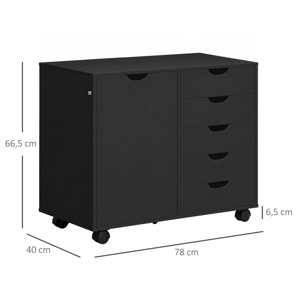 Caisson de bureau avec 5 tiroirs 1 porte étagère réglable, support imprimante sur roulettes, 78x40x66,5 cm, noir-2