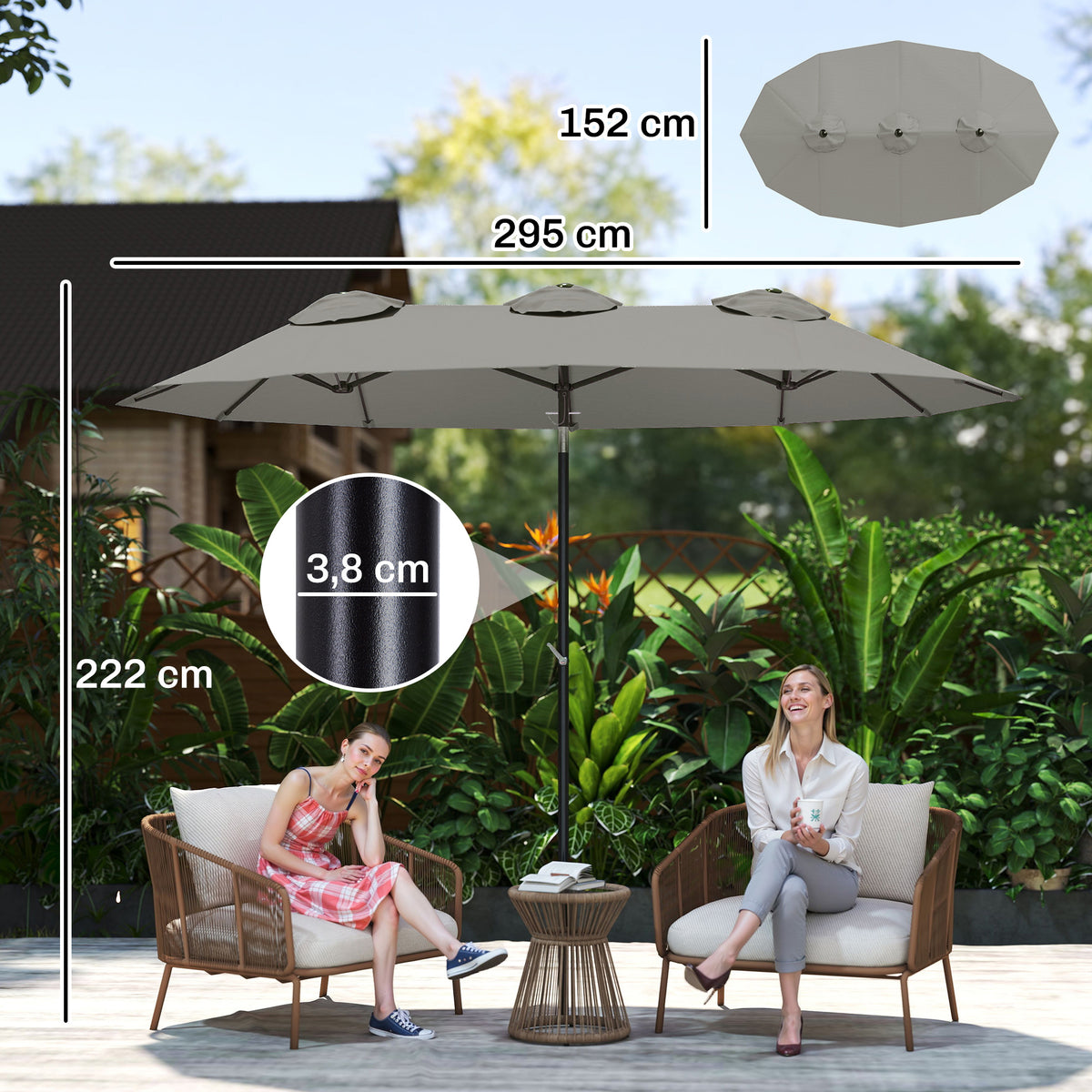 Parasol de Jardin Exterieur Inclinable 3 x 1,5 m, Parasol Double Rectangulaire avec Manivelle, Polyester 180 g/m², Gris-2