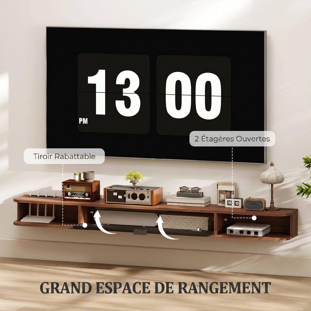 Meuble TV Suspendu, Meuble Télé pour Téléviseur jusqu'à 75 Pouces, Tiroir Rabattable, 2 Étagères, 180x24x16cm, Noyer-4