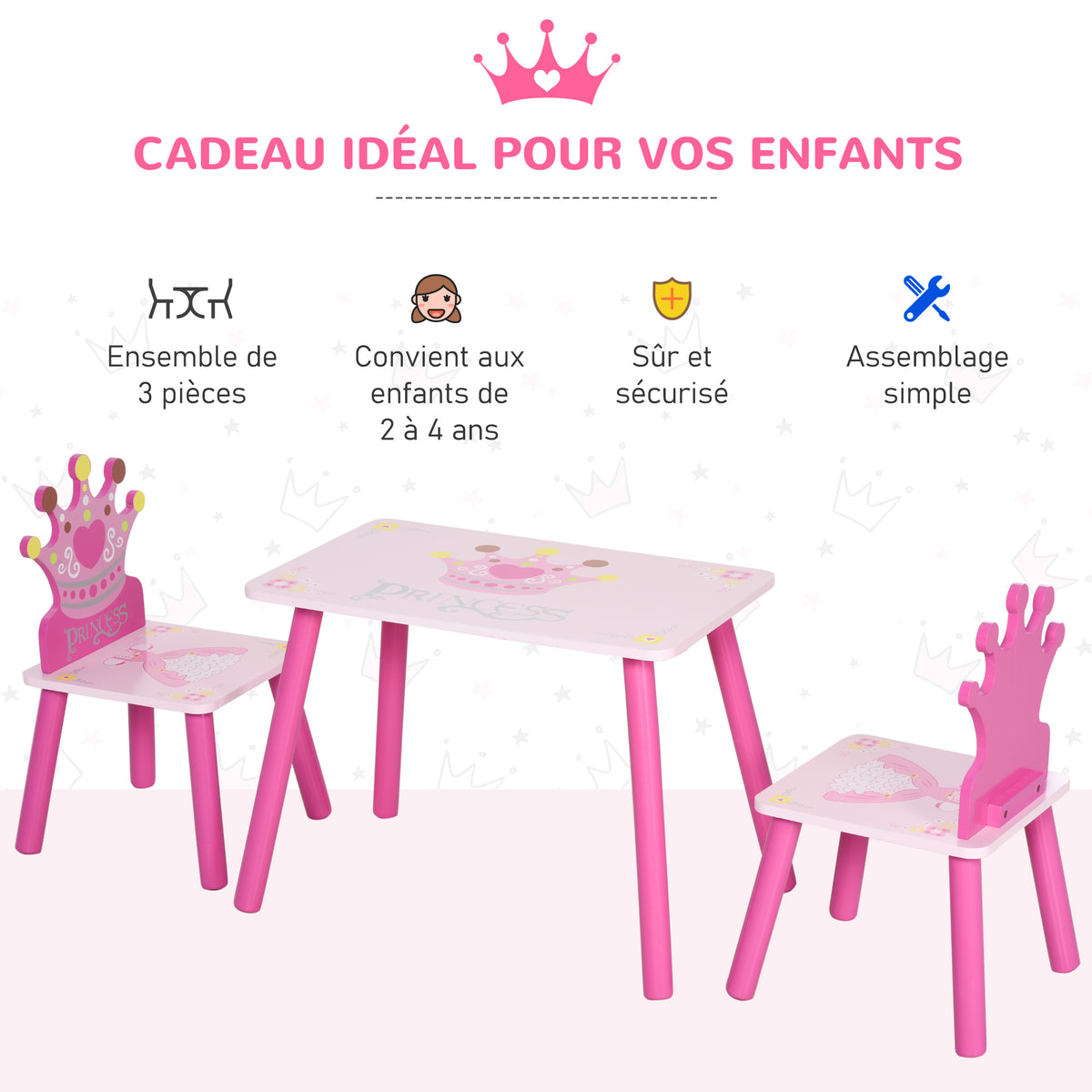 Ensemble table et 2 chaises enfant 3 pièces, pieds en bois massif, table avec chaise motif couronne, pour filles et garçons de 2 à 4 ans, rose-5