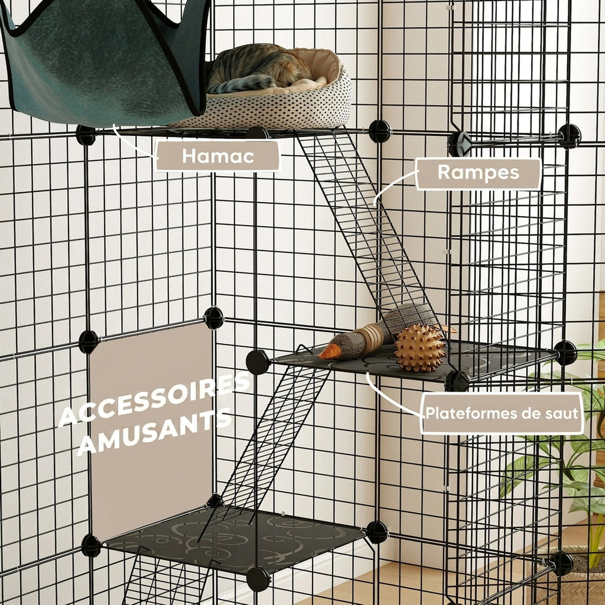 Cage pour chat d'intérieur parc pour chat en acier à 4 niveaux DIY avec 5 portes hamac 1-3 chats 105 x 70 x 140 cm noir-6