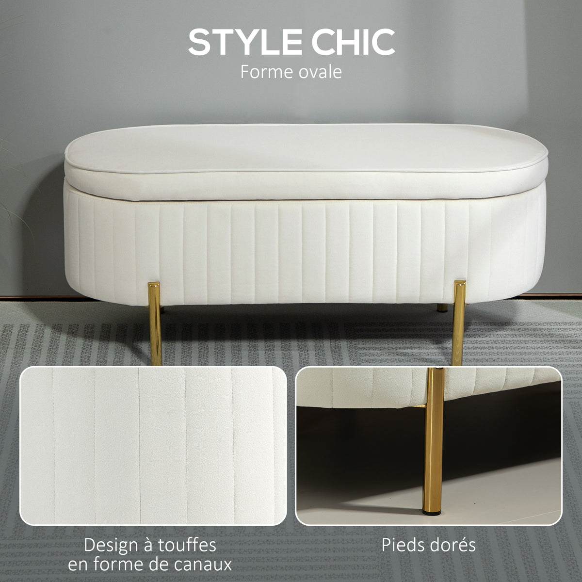Banc de rangement, bout de lit en velours avec couvercle, pieds en métal, capacité 72 L, 107x42x45,5cm, crème-4