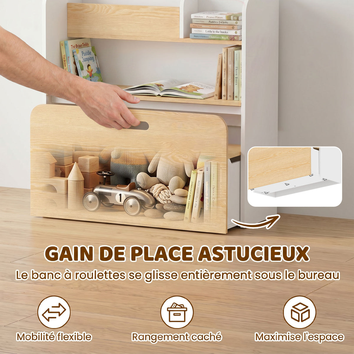 Bureau et Chaise pour Enfant 5 en 1 avec Bibliothèque et Banc Coffre à Roulettes, pour 3 à 8 Ans, Blanc-4