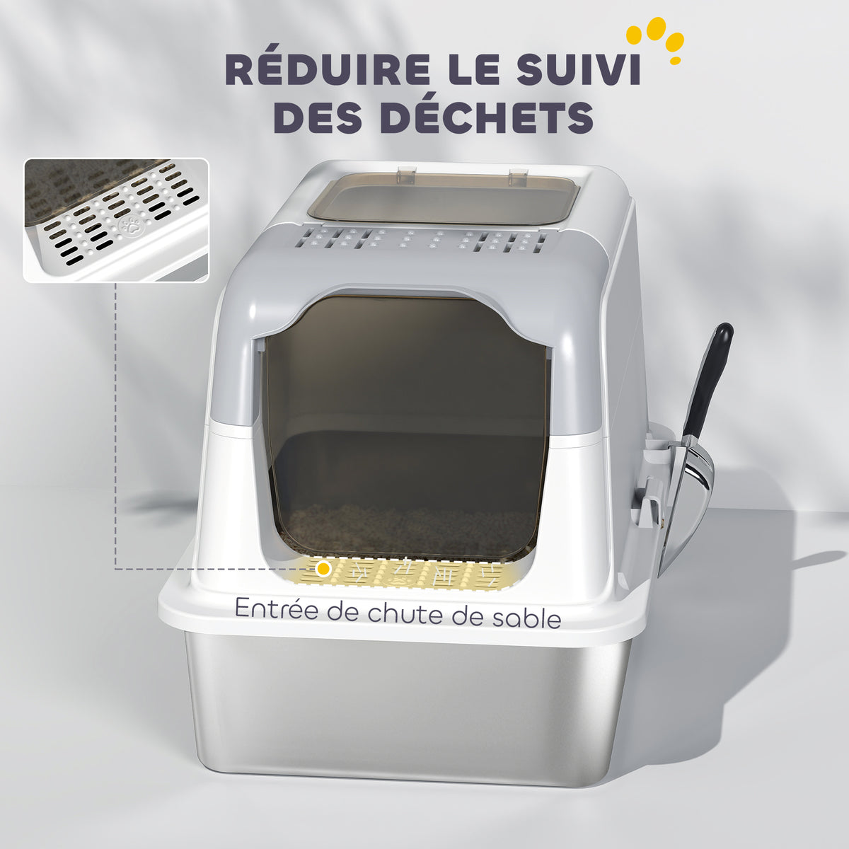 Maison de toilette pour chat bac à litière fermé bac acier inoxydable, nettoyage facile, 60,4 x 40,4 x 41,8 cm, blanc-5