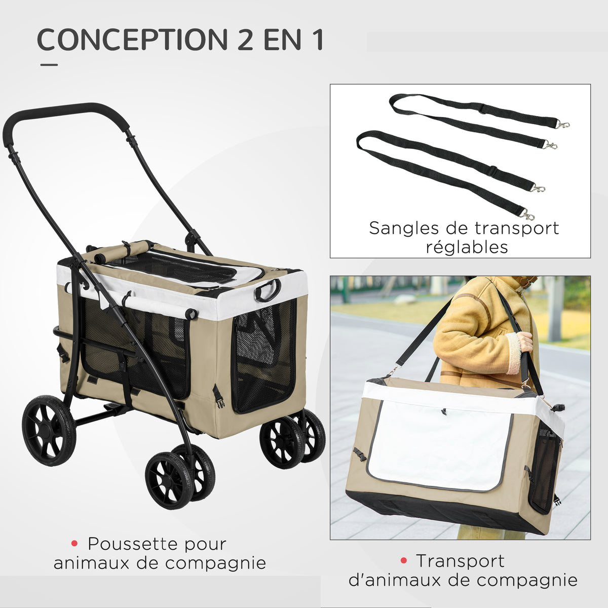 Poussette pliable animaux chien chat nacelle amovible bandoulières 4 roues 81 x 58 x 97,5 cm kaki-4