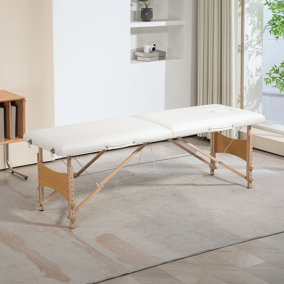 Table de massage pliante, lit de massage 2 zones, hauteur réglable, oreiller facial amovible, 186 x 60 x 61-87 cm, crème-1