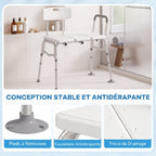Banc de Transfert Baignoire, Hauteur Réglable à 10 Niveaux, Large Assise, Dossier, Accoudoir, 86x60x89-101cm, Blanc-5
