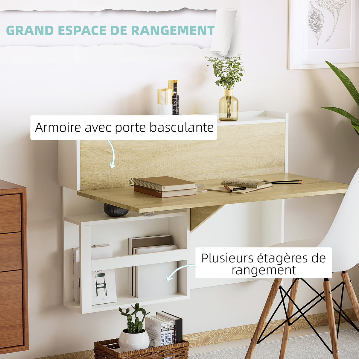 Bureau pliable mural avec étagères de rangement et placard, bureau rabattable, 100 x 18 x 74 cm effet bois naturel-4