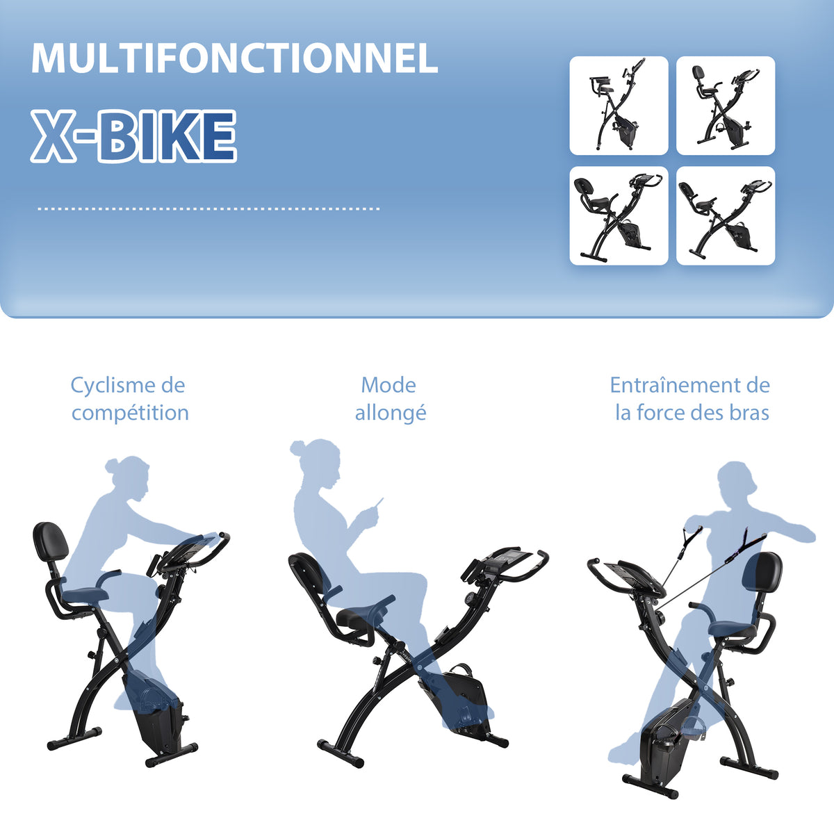 Vélo d'Appartement Pliable 4-en-1 - Ergomètre Magnétique Silencieux avec Cordes de Résistance - Sport Maison et Cardio-training avec Roulettes, Selle Confort et LCD (Max 120kg), Noir-7