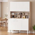 Buffet haut cuisine, armoire de cuisine, 6 portes, tiroir et étagères ouvertes, 120x40x175cm, blanc et bois naturel-9