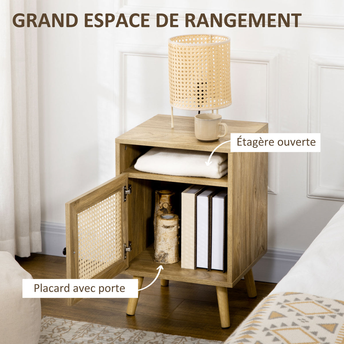 Lot de 2 tables de chevet table de nuit avec placard porte cannage et niche design vintage 39 x 35 x 60 cm naturel-4