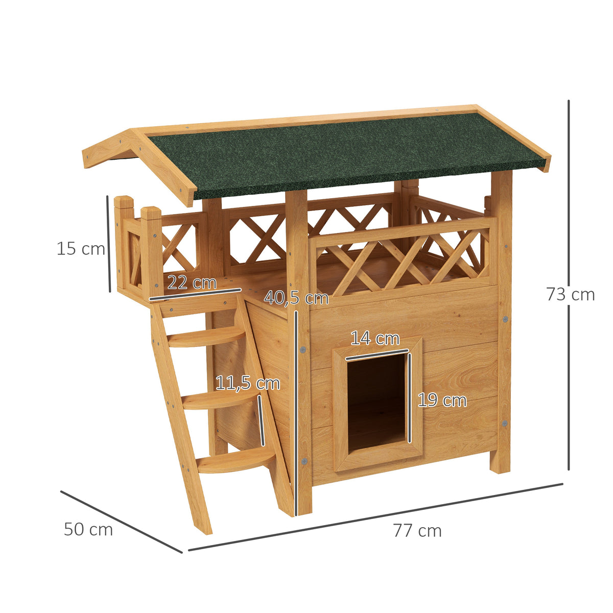 Cabane Chat Extérieur avec Terrasse, Escalier, Toit, Niche Villa, 77 x 50 x 73 cm Bois Naturel et Vert-2