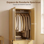 Armoire chambre penderie avec miroir, 2 portes, 2 tiroirs et barre de suspension, 80 x 50 x 180 cm, chêne-3