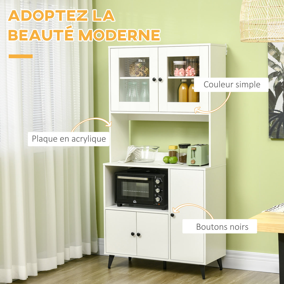 Armoire de cuisine avec 3 placards, niches, étagères réglables, portes vitrées, passe-câble, 90x40x180cm, blanc-6