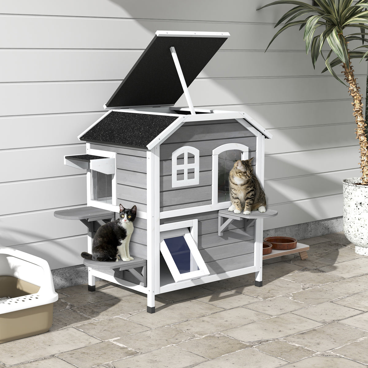 Maison Extérieur pour Chat Abri Extérieur en Bois pour Chats Errants 2 Étages Toit Ouvrant Bitumé 99,5x76x91cm Gris-1