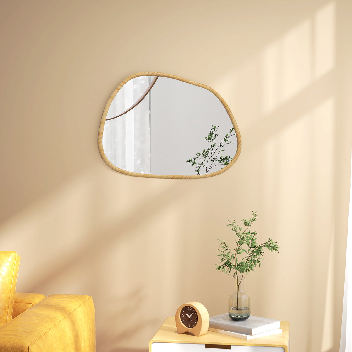 Miroir mural miroir décoratif forme organique avec cadre en bois horizontal ou vertical 70 x 50 cm naturel-1