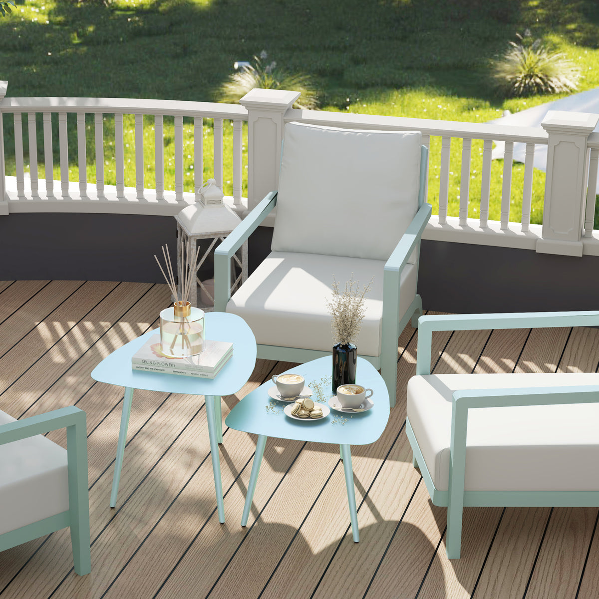 Lot de 2 tables basses de jardin, tables d'appoint gigognes triangulaires, cadre en acier patins ajustables bleu clair-7