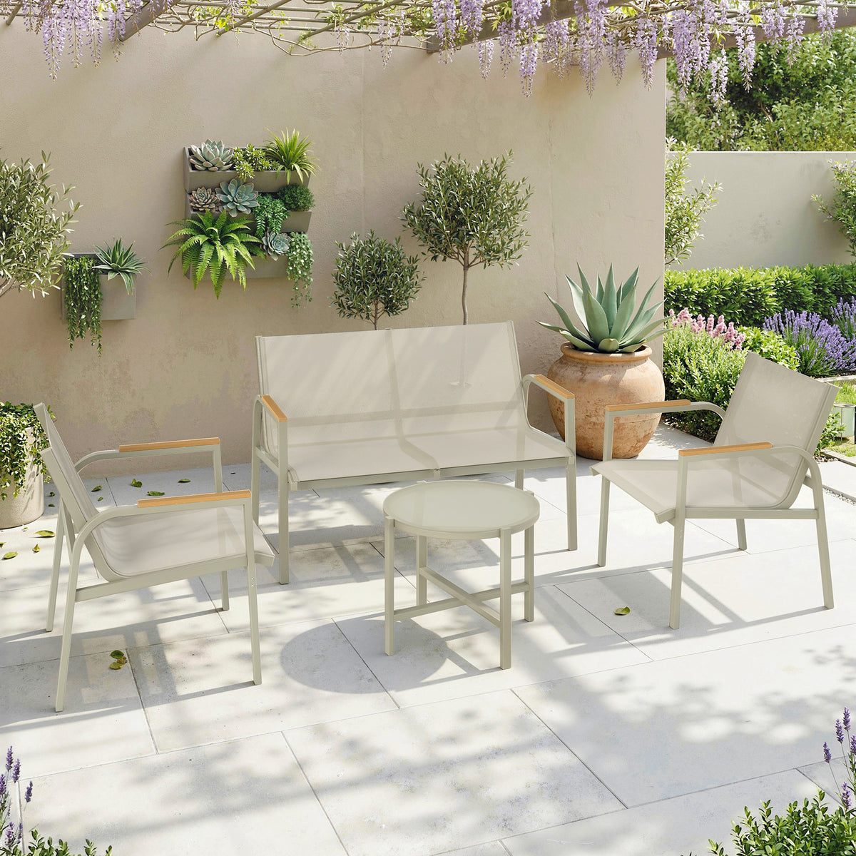 Salon de Jardin Ensemble de Terrasse avec Canapé 2 Places, 2 Fauteuils et Table Basse en Verre Trempé 4 Pièces Vert-1