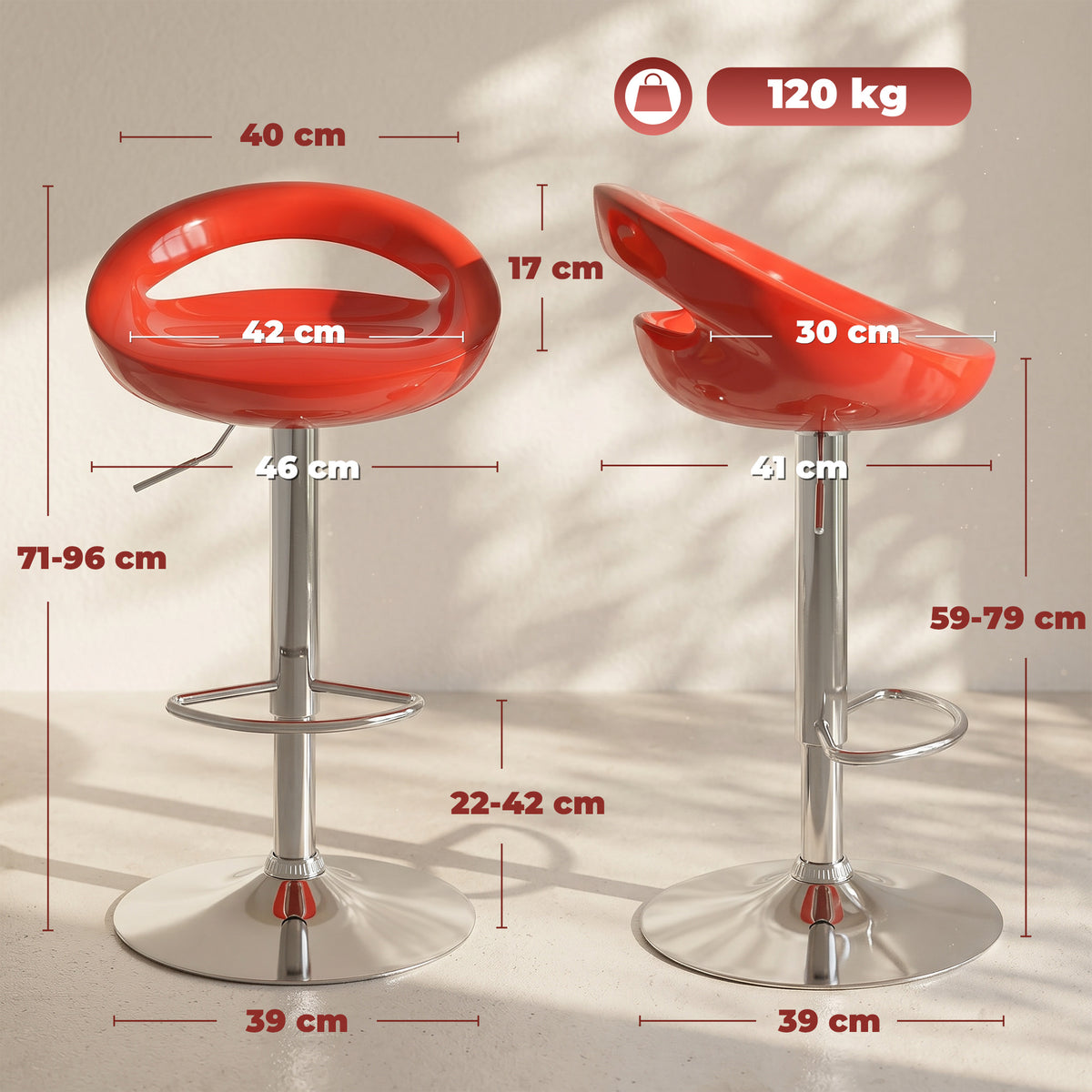 Lot de 2 tabourets de bar chaises de bar hauteur réglable dossier et repose-pieds pivotant à 360° 46x41x76-96cm rouge-2