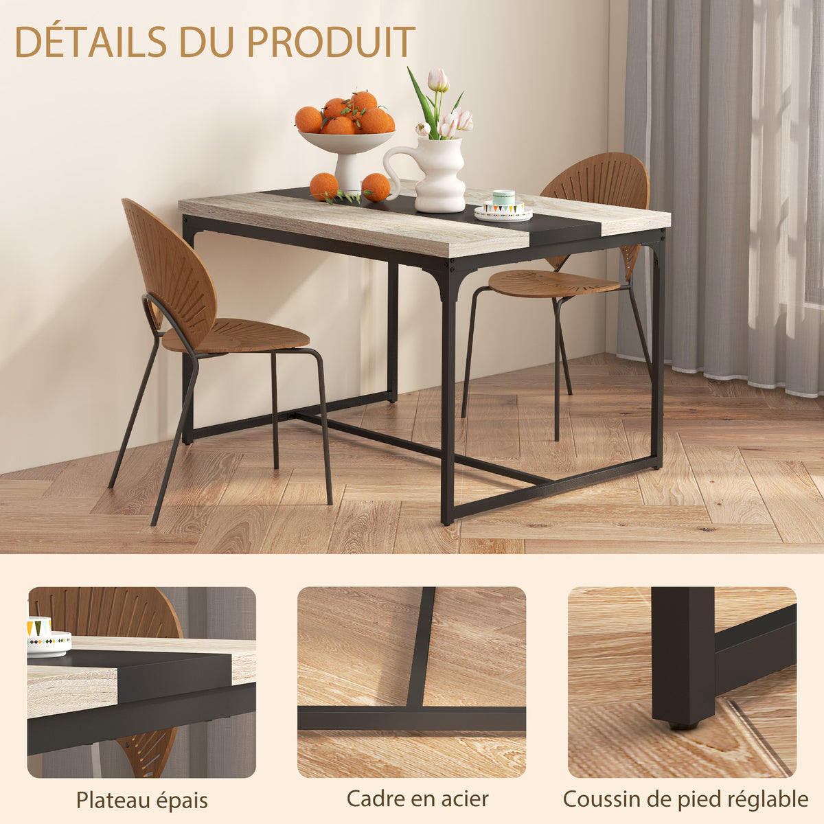 Table de salle à manger pour 6 personnes, style industriel en métal noir et bois, dim. 120L x 89l x 75,5H cm-4