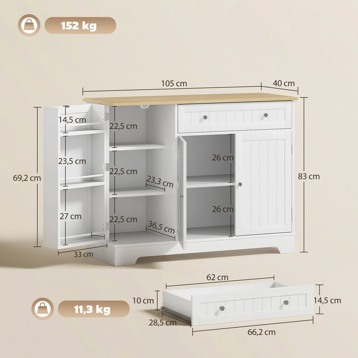 Buffet cuisine, meuble de rangement avec 3 portes, tiroir, étagères de porte et étagère réglable, 105x40x83cm, blanc-2