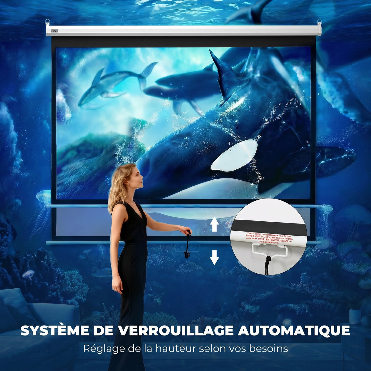 Écran de Projection 100" 4:3 HD 4K, Boîtier en Métal, Écran Hauteur Réglable Manuellement, 203x152cm, Blanc-3