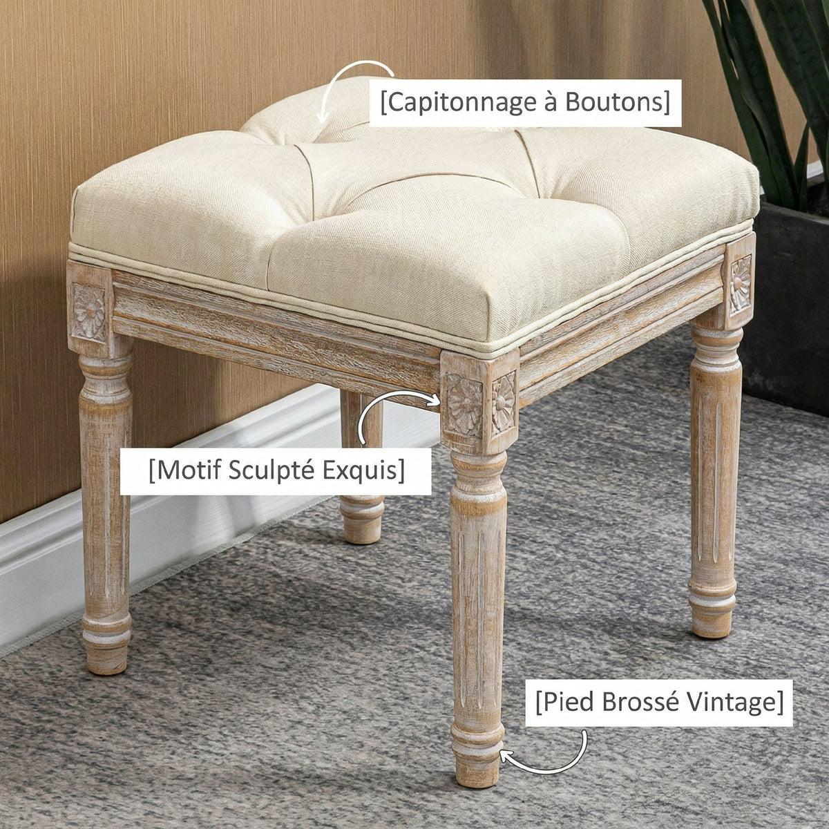 Repose pied salon, ottoman, siège rembourré en tissu aspect lin avec pieds en bois d'hévéa, 40 x 40 x 43 cm, beige-3