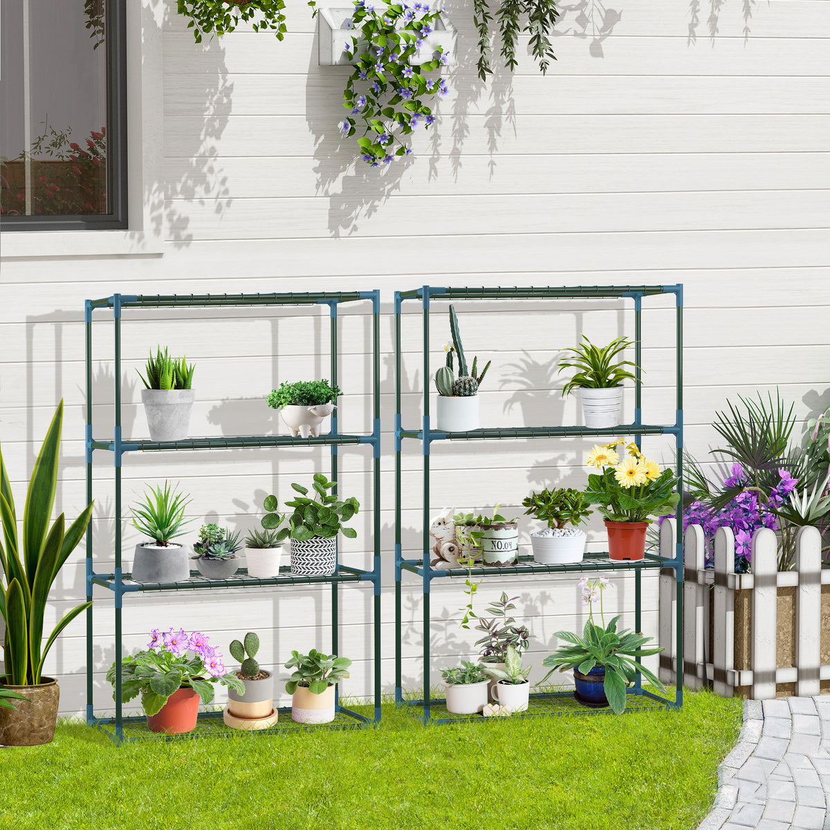 Lot de 2 Étagères à Fleurs en acier 4 Niveaux Intérieur et Extérieur, support de plantes 70 x 27 x 110 cm, vert-1