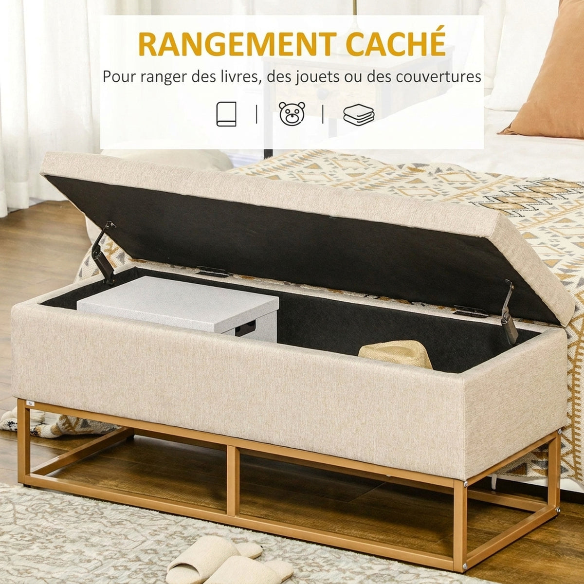 Banc banquette coffre de rangement 2 en 1 assise capitonnée et pieds acier 110 x 44 x 48 cm beige et doré-3