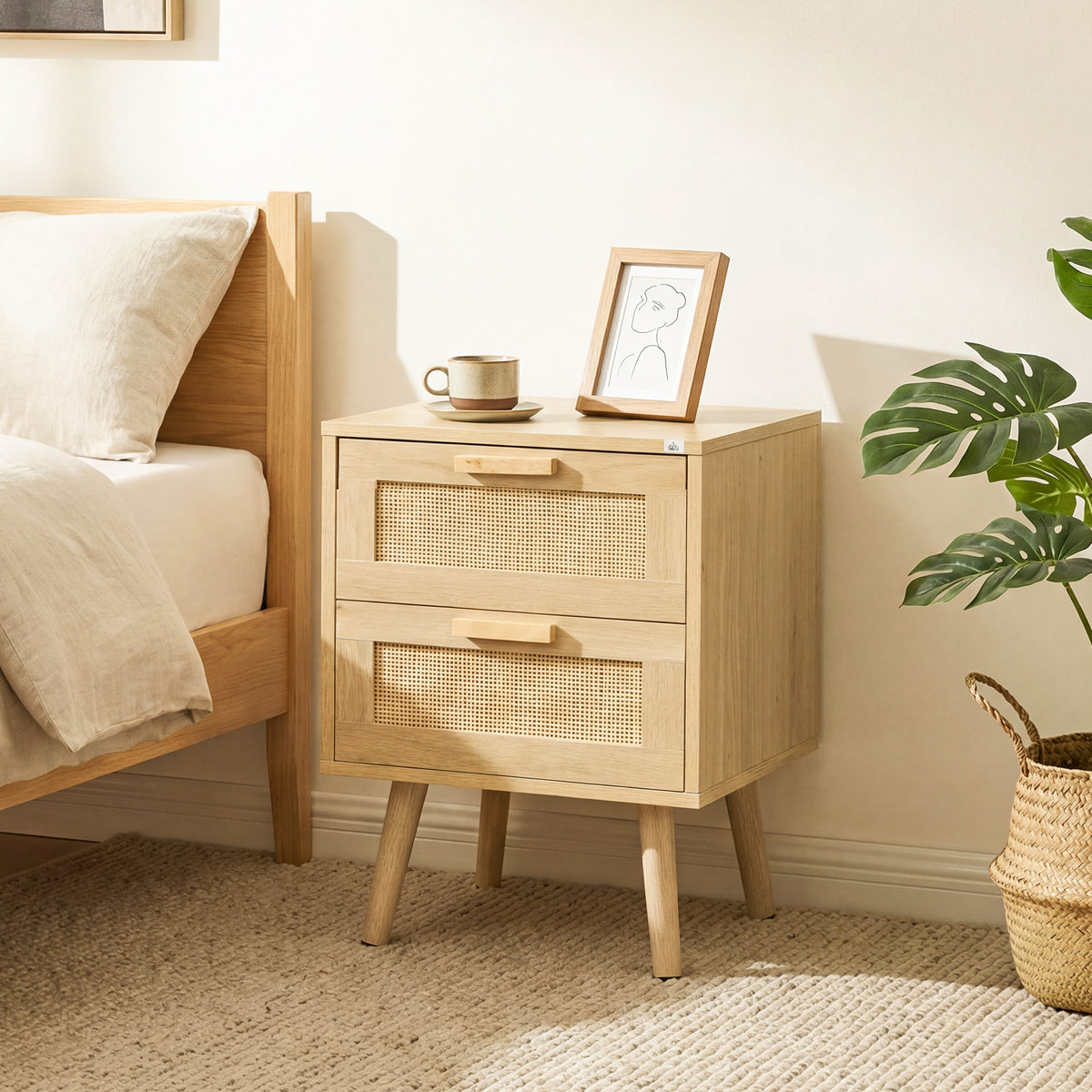 Lot de 2 tables de chevet tables d'appoint 2 tiroirs façades aspect cannage rotin style bohème 40 x 40 x 56 cm naturel-8