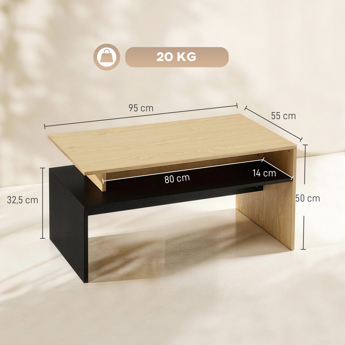 Table Basse Moderne Bicolore à Niveaux Décalés avec Étagère de Rangement, 95 x 55 x 50 cm, Bois Naturel et Noir-2