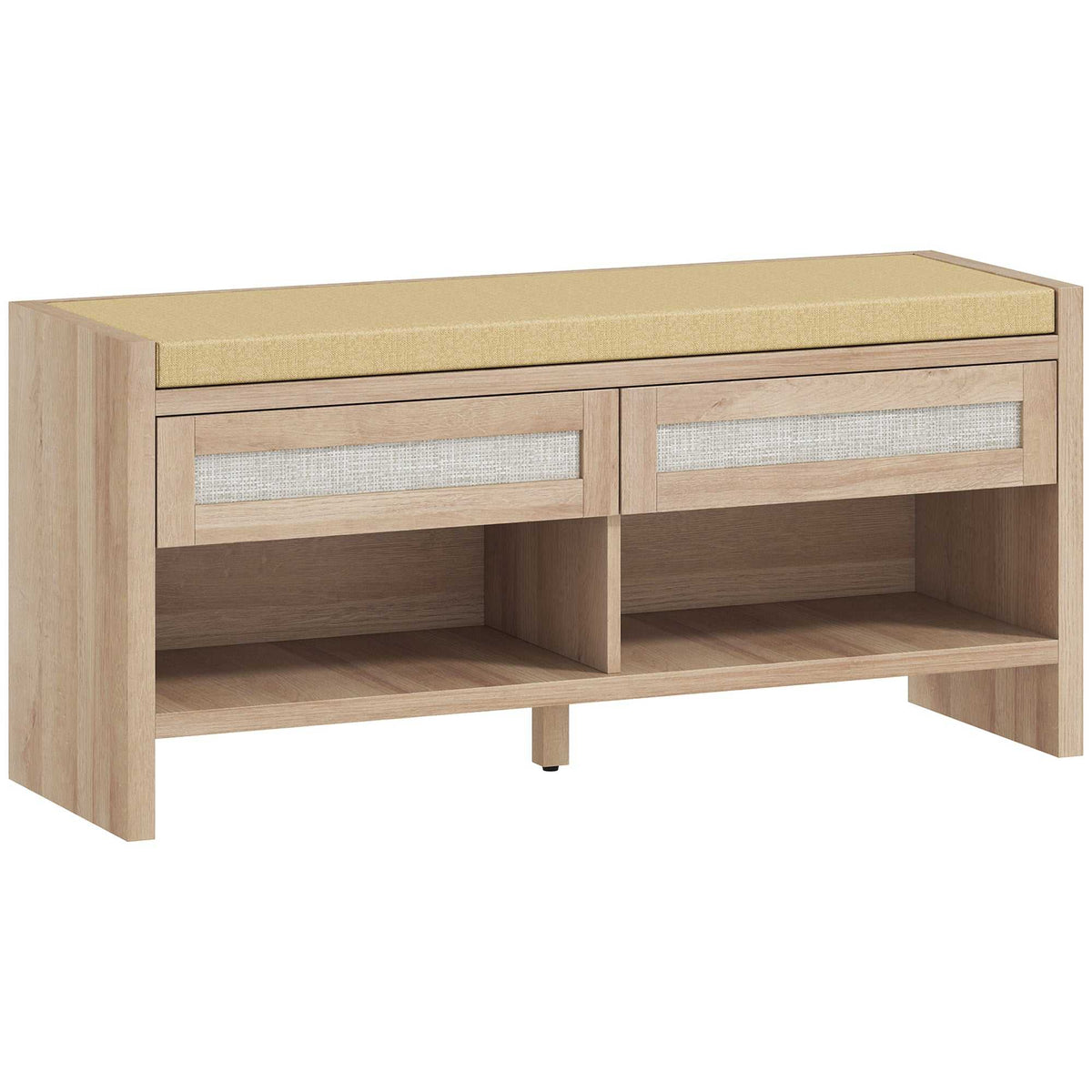 Banc chaussures entrée, banc de rangement, assise rembourrée en lin, 2 tiroirs en rotin et étagère ouverte, chêne-0