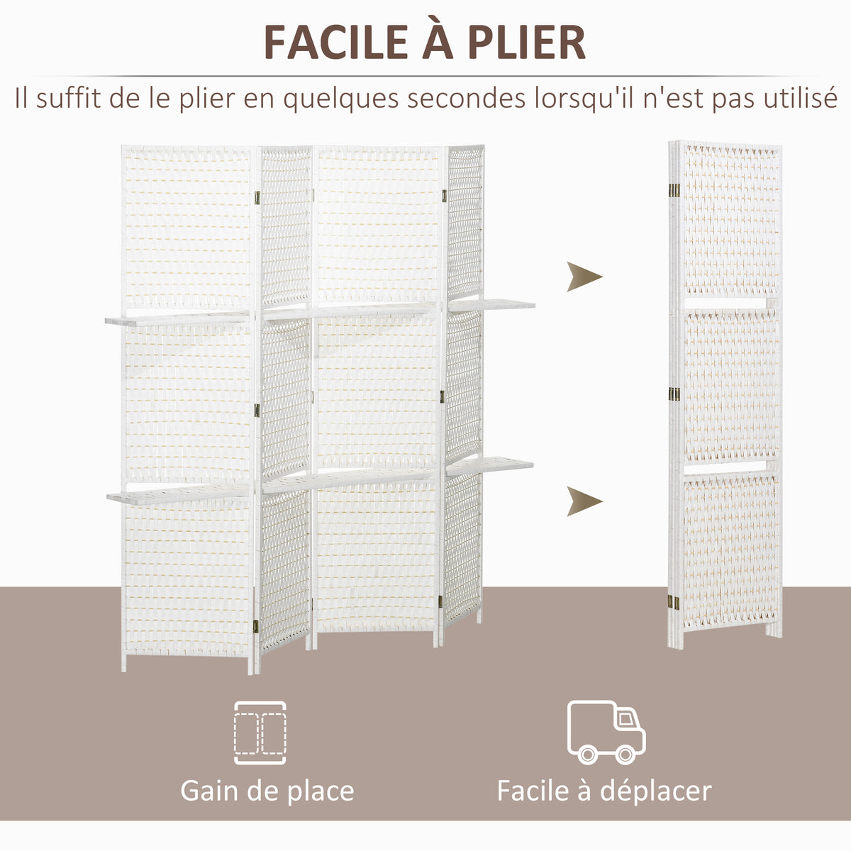 Séparateur de pièces 4 panneaux 2 étagères pliables blanc paille-3