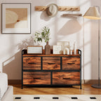 Commode, meuble de rangement avec 5 tiroirs en tissu pliables, plateau et cadre en acier, 98 x 29 x 63 cm, brun rustique-8