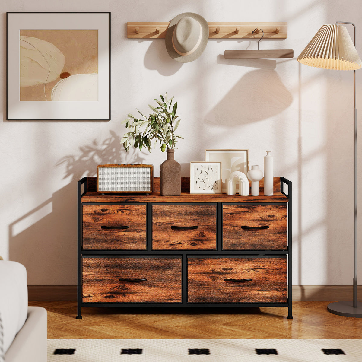 Commode, meuble de rangement avec 5 tiroirs en tissu pliables, plateau et cadre en acier, 98 x 29 x 63 cm, brun rustique-8