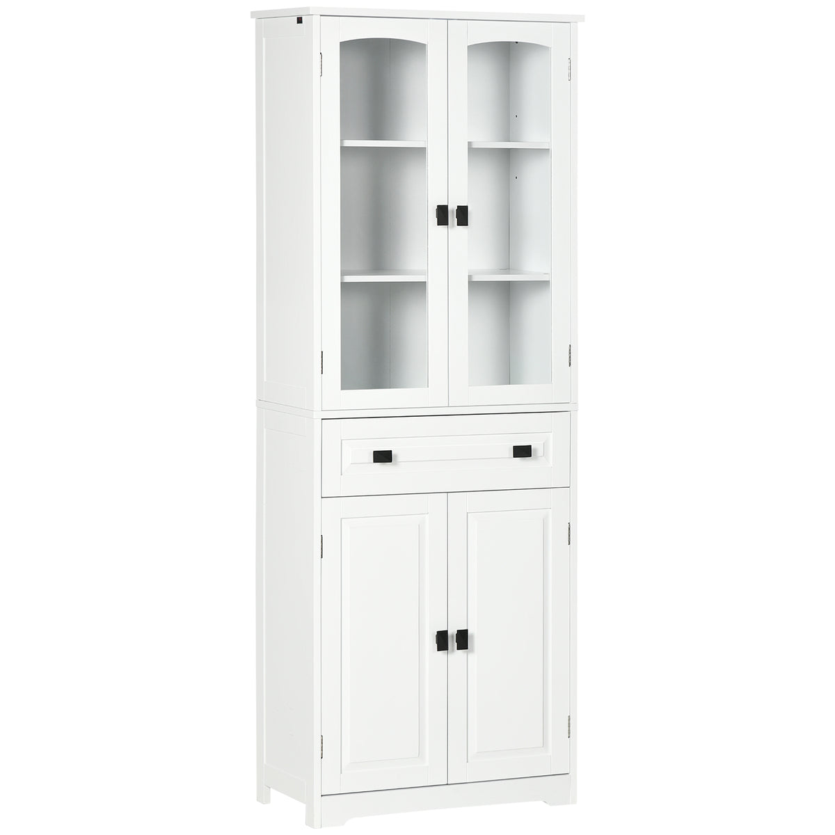Buffet haut armoire de cuisine 4 portes dont 2 portes vitrées et 1 tiroir hauteur 160 cm avec étagères en bois blanc-0
