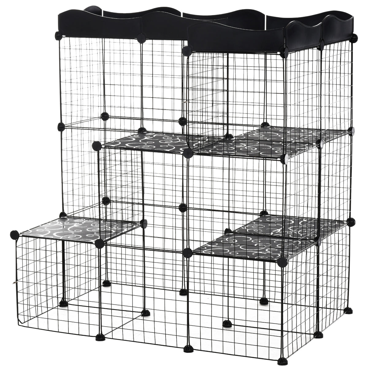 Cage parc enclos pour petits animaux chats lapins modulable 3 niveaux 2 portes rampe fil métallique 105 x 70 x 116 cm noir-0