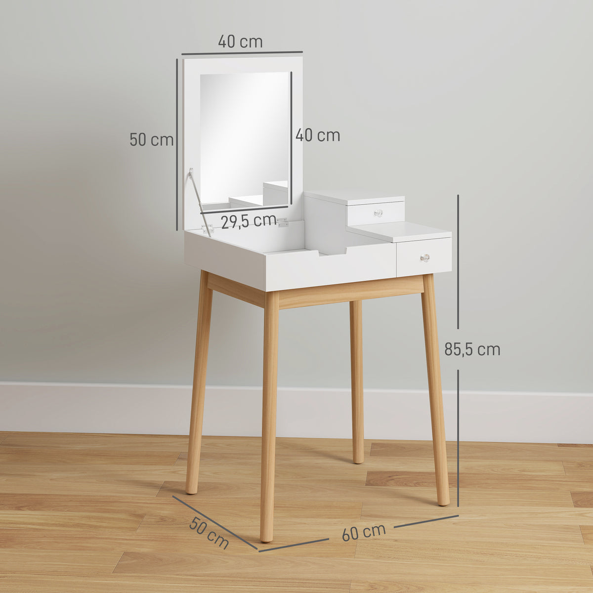 Coiffeuse avec miroir table de maquillage style moderne - 2 tiroirs, miroir rabattable pour chambre à coucher, salon, 60 x 50 x 85,5 cm blanc-2