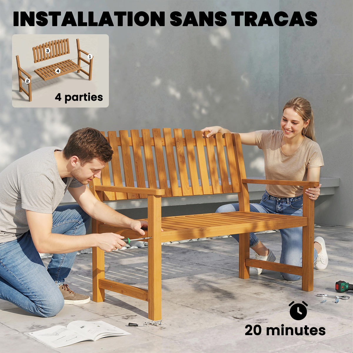 Banc de Jardin Banquette de Terrasse 2 Places Charge Max. 320kg Accoudoirs 112 x 64 x 92 cm Bois d'Acacia Naturel-7