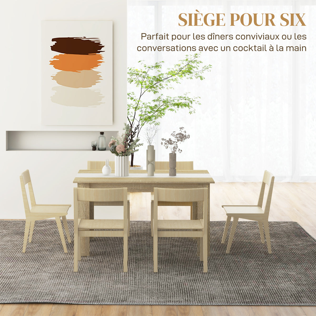Table de salle à manger pour 6 personnes en bois aspect naturel et blanc, dim. 140L x 90l x 75H cm-3