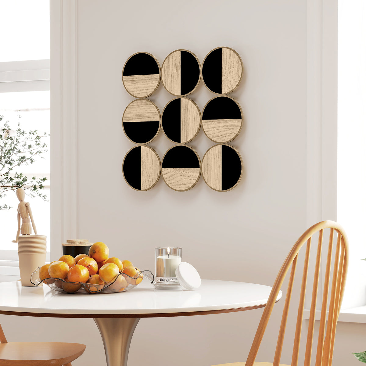 Décoration murale en métal, sculpture murale en métal, design unique à plusieurs disques, 60 x 60 cm, naturel et noir-9