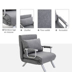 Fauteuil chauffeuse canapé-lit Convertible 1 Place déhoussable Grand Confort Coussin Pieds accoudoirs métal Lin Gris Clair-5