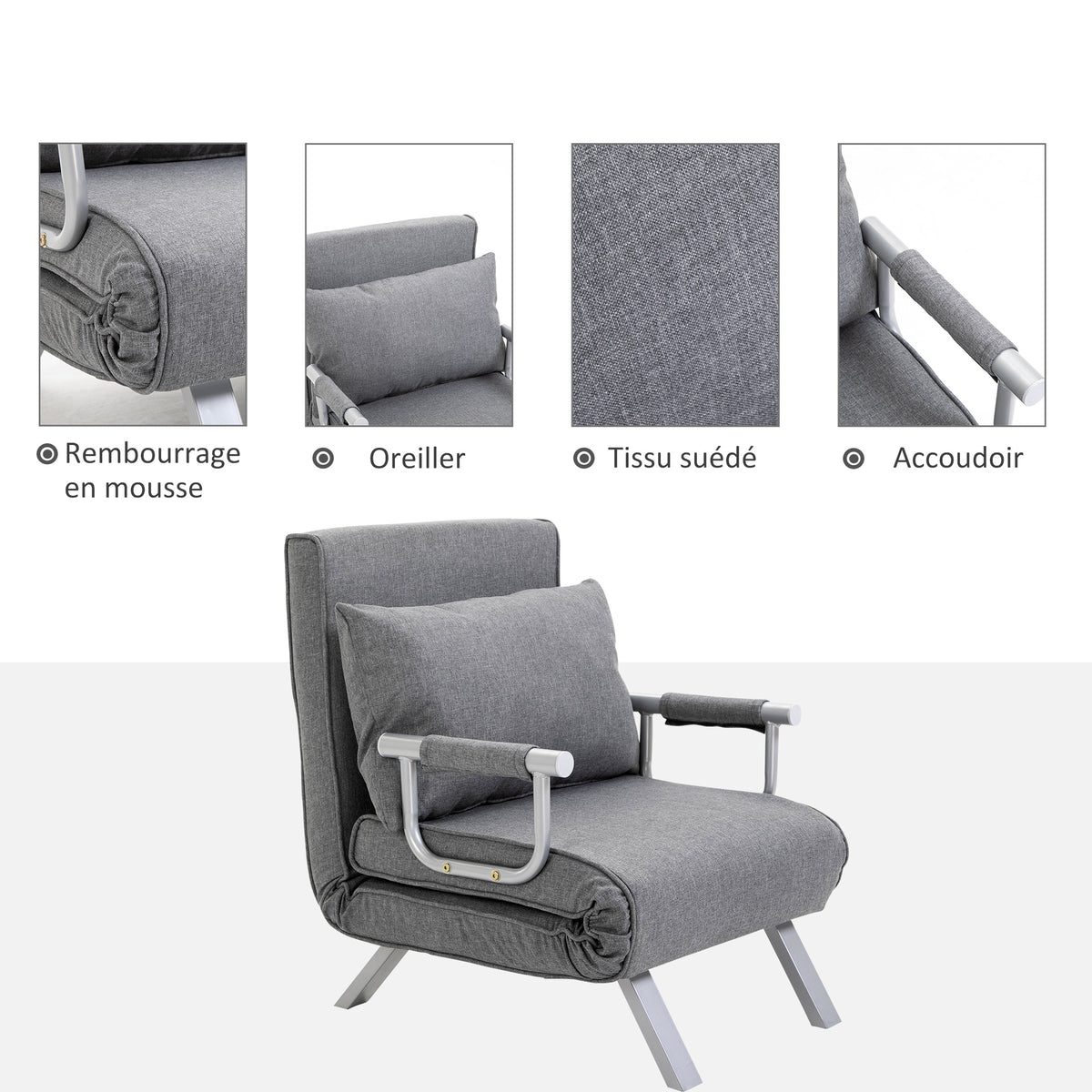 Fauteuil chauffeuse canapé-lit Convertible 1 Place déhoussable Grand Confort Coussin Pieds accoudoirs métal Lin Gris Clair-5