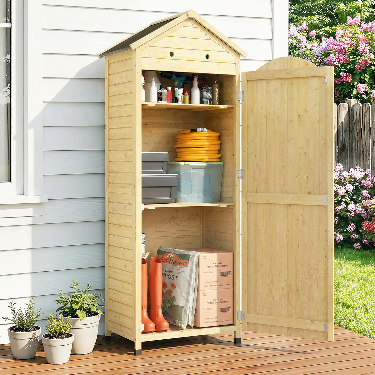 Armoire de Jardin en Bois Toit Acier Galvanisé Texture Gaufrée Étagères Réglables 85x58x213cm Bois Naturel-1