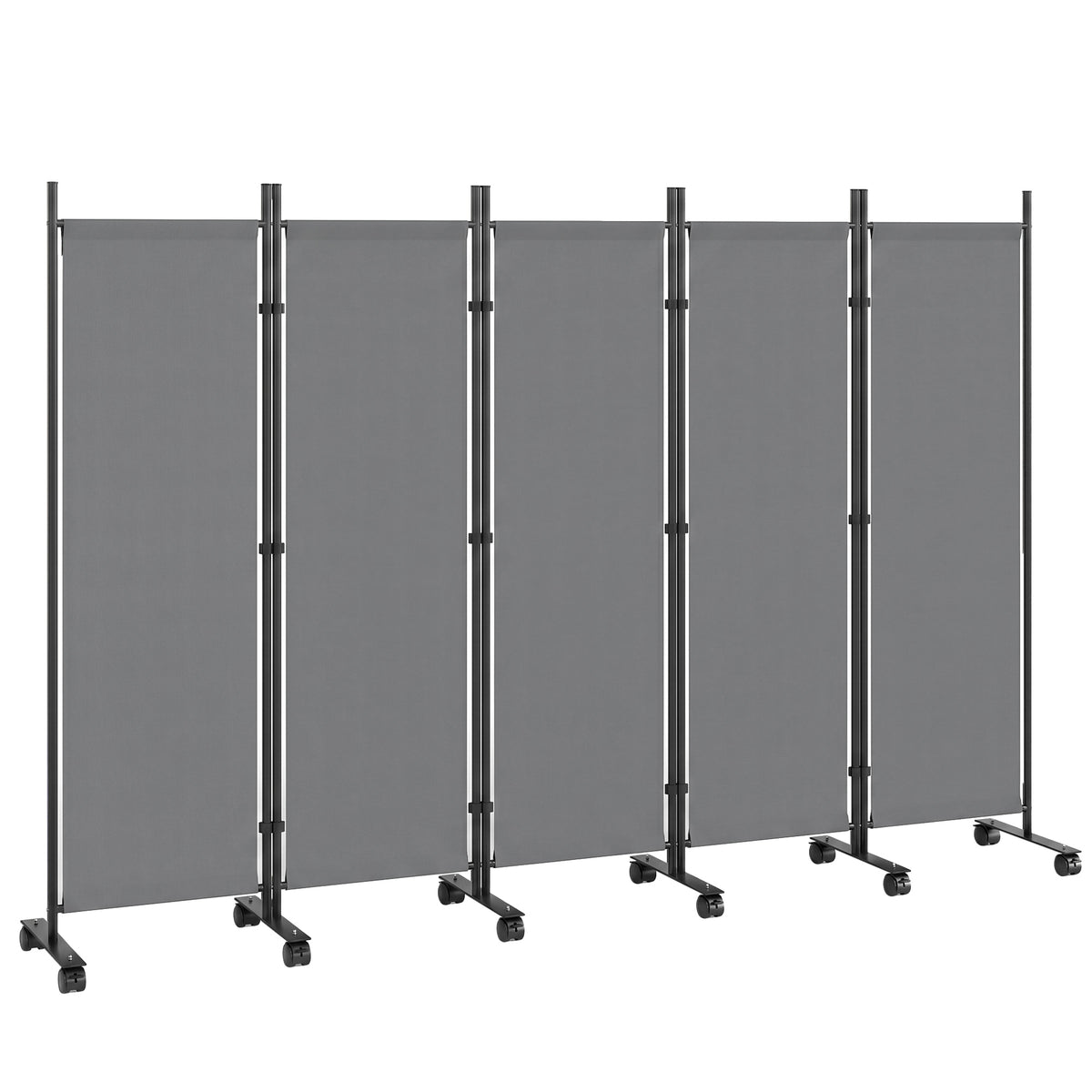 Paravent 5 Panneaux 252x170cm, Paravent Pliant avec 12 Roulettes et Clips de Connexion, Acier et Polyester, Gris Foncé-0