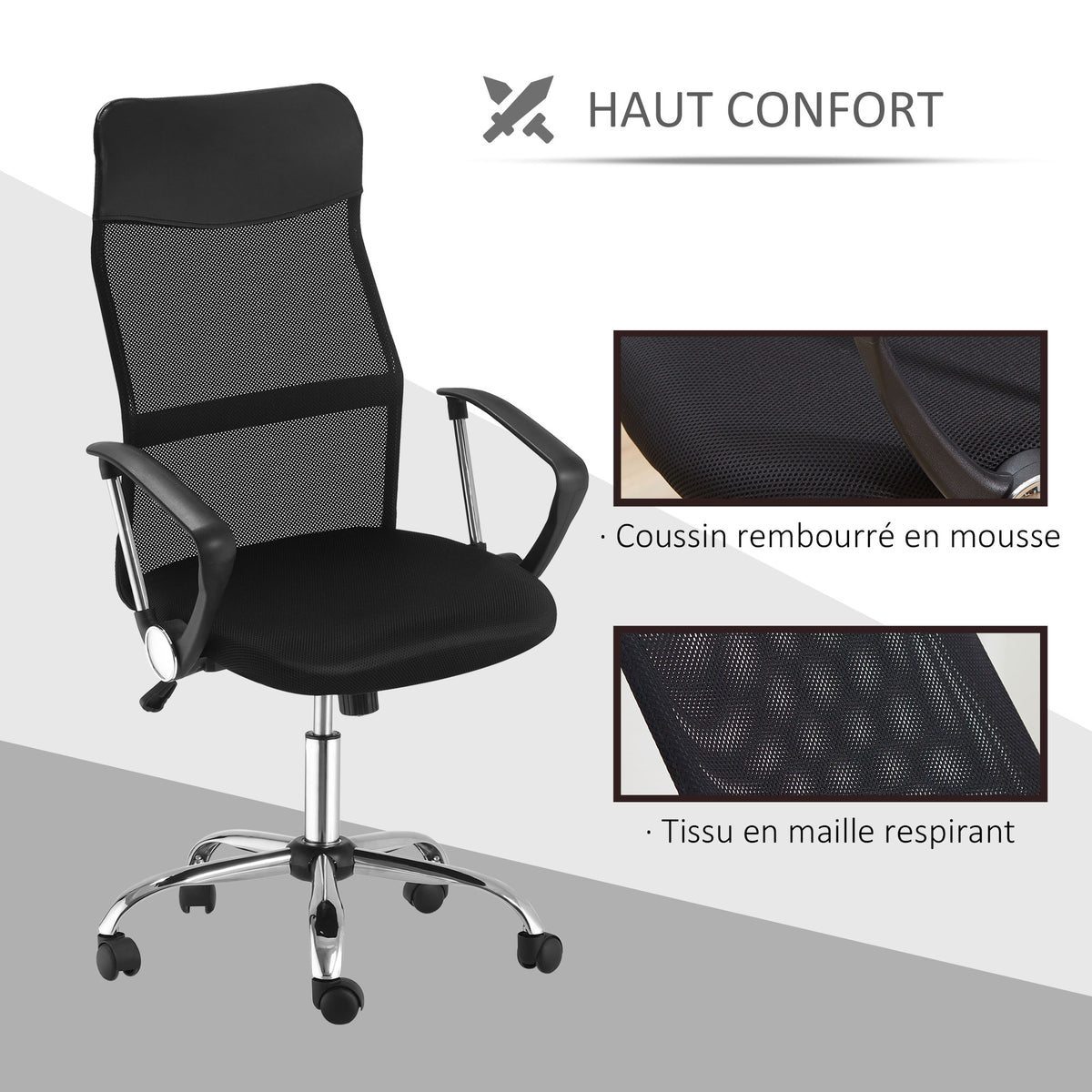 Lot de 2 fauteuils de bureau manager dossier ergonomique hauteur assise réglable pivotant tissu maille noir-6