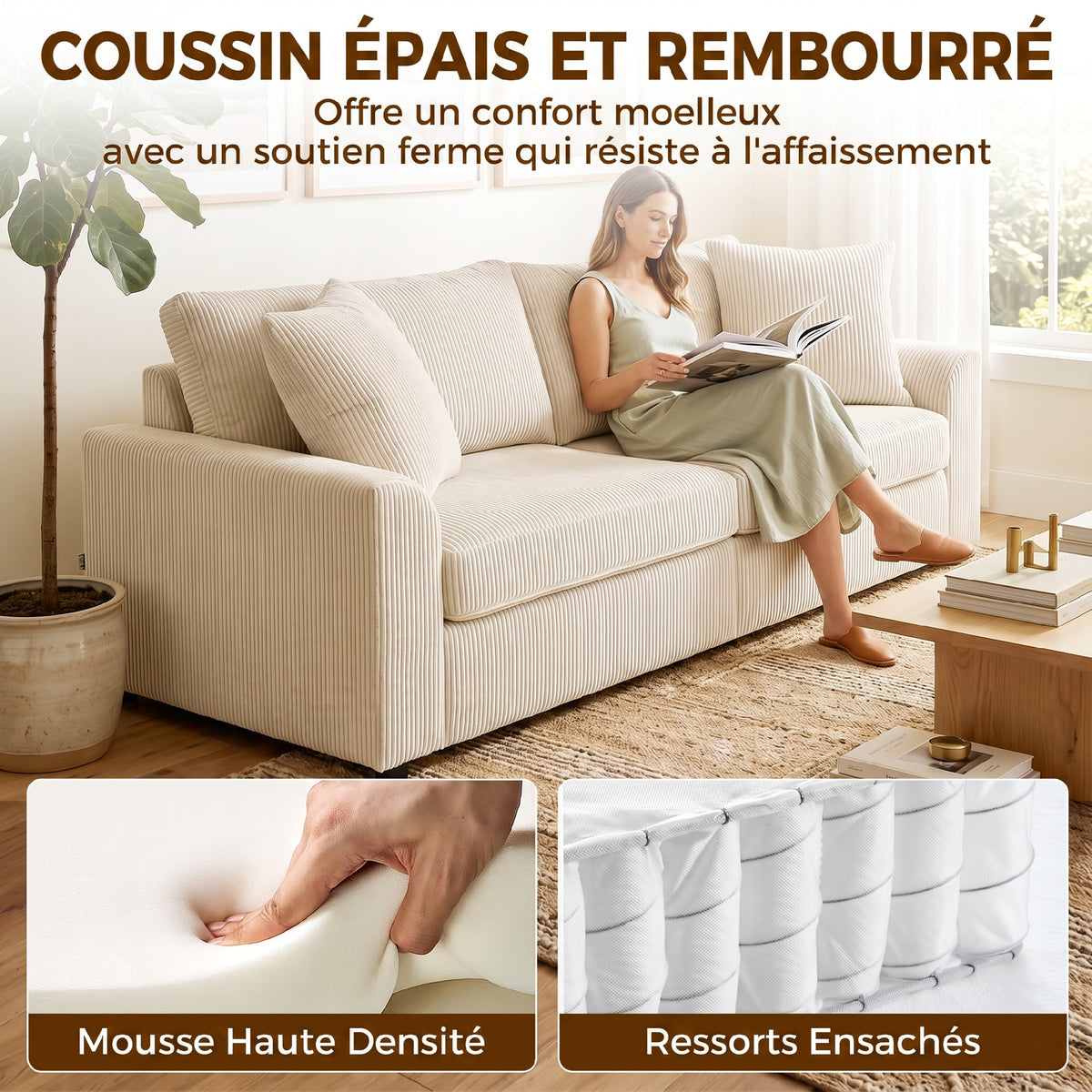 Canapé 3 places 212 cm avec 2 coussins à ressorts, tissu velours côtelé, pour salon, chambre, bureau à domicile, crème-4